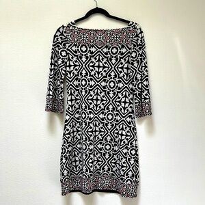 White House Black Market print 3/4 sleeve sheath dress stretch fall outfit